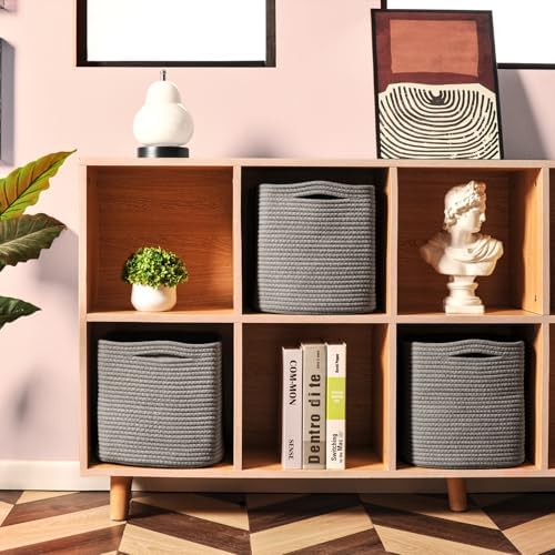 ICERZCZ 11 Inch Cube Storage Bins, Storage Cube Organizer Bins, Woven Cotton Rope Basket for Storage, Storage Baskets for Organizing Shelves, Grey Baskets for Toys Nursery, Grey (Pack of 3) - Image 2