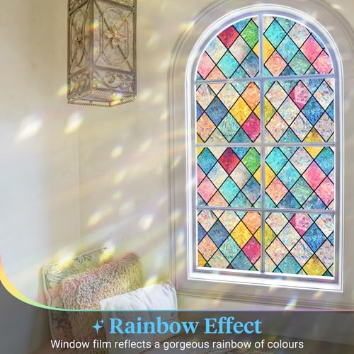 Haton Stained Glass Window Film, Rainbow Lattice Stickers, 17.5" x 118.1" - Image 2