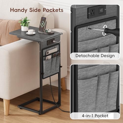 Vagusicc C Shaped End Table with Charging Station, C Table End Table Adjustable Height, Small Side Table for Couch, Sofa Table Slide Under Couch TV Tray Arm Table for Living Room, Bedroom, Gray Walnut - Image 6