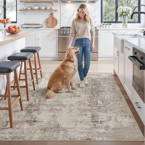 ZHXXUJ 7x7 Square Washable Area Rug, Non-Slip Indoor Rug for Living Room Bedroom Dining Room, Low Pile Stain Resistant Modern Abstract Neutral (Beige/Grey) - Image 2