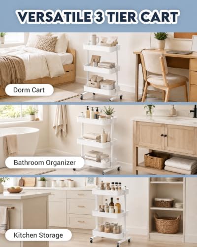 ZOES HOMEWARE 3 Tier Metal Rolling Cart by T-Frame Design on Wheels,White - Image 4