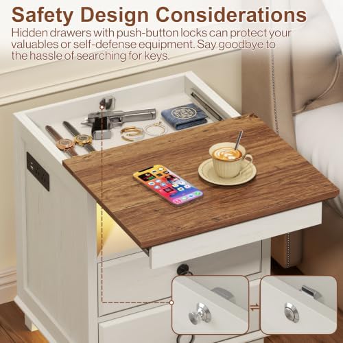 Yusong LED Night Stand with Gun Drawer, Bedside Table with Charging Station, Sofa Couch End Side Table with 2 Drawers ＆Open Shelf for Bedroom, White - Image 3