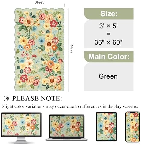 DUKINO 3x5 Area Rugs, Non Slip Floral Washable Rug for Bedroom, Green - Image 2