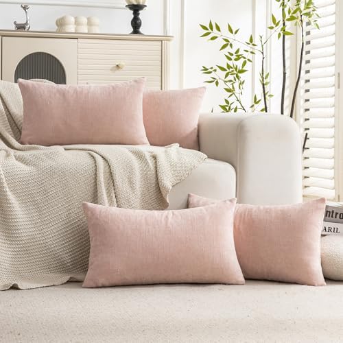 Set of 4 Soft Textured Decorative Throw Pillow Covers 12X20 Inch Cozy Farmhouse Cushion Cover Square Accent Pillow Cases for Bed Couch Sofa Living Room, Light Pink by Cozoomy