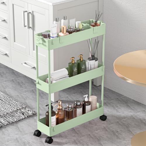 SPACELEAD Slim Storage Cart 3 Tier,Bathroom Organizer Rolling Utility,Mobile Shelving Unit Slide Out for Office, Kitchen, Laundry Room & Narrow Places，Green by Home