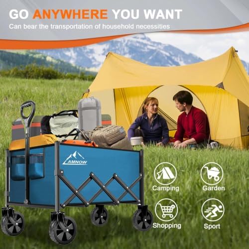 AMNOW 100L Collapsible Wagon Cart with All Terrain Wheels, 350LBS, Blue - Image 6