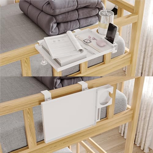 Metal Bedside Shelf Table Tray with Cup Holder, Foldable Bed Side Table for Bunk Bed & Top Bunk, College Dorm Room Essentials for Guys & Girls, Clip-on Laptop Nightstand for IKEA Beds, White by AmzAgeHomeKitchen