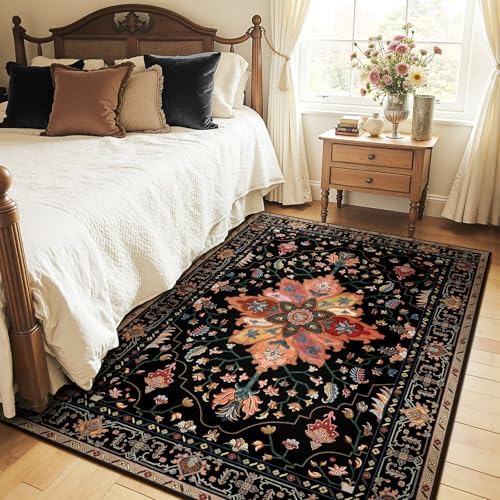 RELEANY Washable Area Rug, 4'x5', Black/Colorful by RELEANY