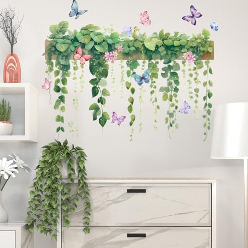 Hanging Green Vine Wall Decals,Succulent Plants Wisteria Floral Flowers Butterflies Birds Wall Stickers, Self-Adhesive Vinyl Removable Living Room Sofa TV Wall Decor - Image 4