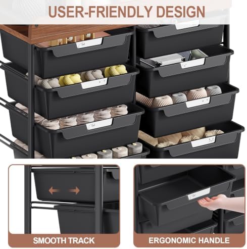 10 Drawers Rolling Cart with Wooden Tabletop, Utility Storage Cart with Wheels, Art Supply Craft Organizer on Wheel with Metal Frame & Handles for Home Office School,Black - Image 5