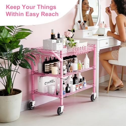 WDT Pink Rolling Utility Cart with Wheels, 990Lbs Heavy Duty Metal Cart with Handle & Shelf Liners, NSF Certified 3-Tier Storage Trolley for Esthetician, Kitchen, Salon & Craft Room, Pink - Image 3