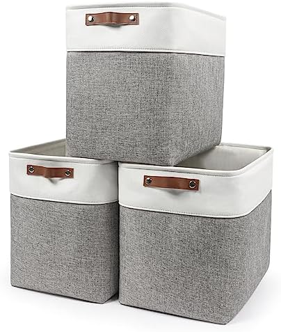 Bagnizer Large Fabric Storage Baskets | 50L Storage Bins, Decorative Linen Closet Baskets with Handles for Organizing, Shelf, Toys, Clothes, Home, Office, Nursery, 17x12x15Inches (Grey&White) by Bagnizer