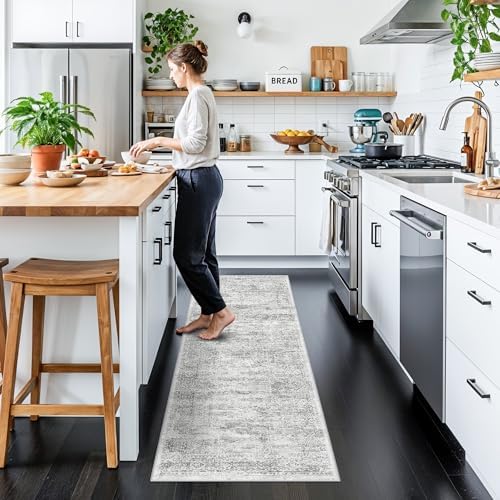 Rug Runners 2x6 Hallway Washable, Non Slip with Rubber Backing Carpet for Kitchen Bathroom Neutral Moroccan Vintage Oriental Distressed Area Rugs for Bedroom Laundry Room Entry Entryway, Grey/Ivory - Image 3
