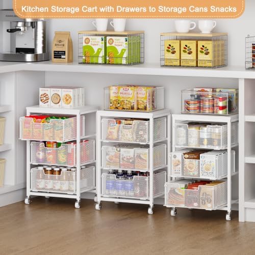 Kitchen Cart with Storage, 3-Tier Pantry Organizer and Storage Cart with Drawer, Fruit Vegetable Storage Cart with Wheels, Wooden Top Metal Wire Kitchen Organizer Rack Stand for Snack Onion Potato - Image 5