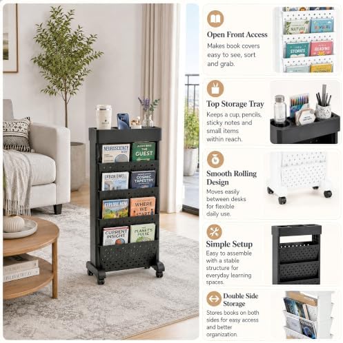 BYFU 5-Tier Movable Bookshelf Cart, 26.0" H, Black - Image 5