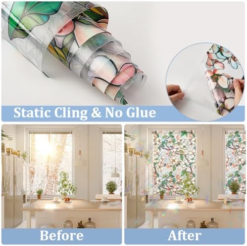 GORGECRAFT 39.4x17 Inch Cherry Blossom Rainbow Window Privacy Film Pink Flower Sun Blocking Non-Adhesive Glass Cling Stained Window Decorative 3D Static UV Resistant Decals Sticker for Room Home - Image 5