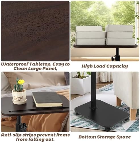 Sofa Armrest Tray Table for Couch, TV Tray Table 360° Flip-Over Panel Design & 360° Swivel Casters Swivel, C Shaped Sofa Side End Table for Couch, Bed, Chair, Living Room(Walnut) - Image 3