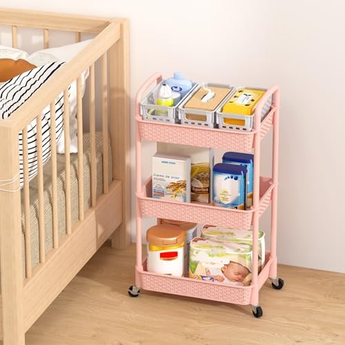 MOYIPIN 3-Tier Plastic Rolling Utility Cart with Handle,Utility,Pink - Image 7