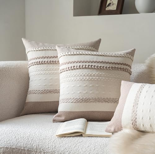 Cethom Boho Throw Pillow Covers 18x18 Inch Set of 2, Khaki Textured Decorative Couch Pillow Cases for Farmhouse Home Decor, Accent Cushion Cover for Sofa, Bed, Living Room, Bedroom - Image 2