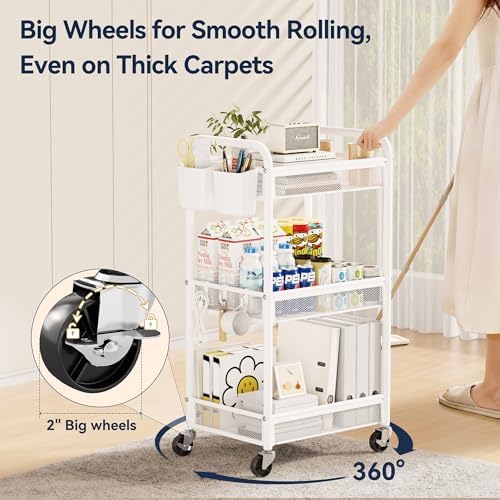 YASONIC 3 Tier Metal Rolling Cart, White Utility Storage Cart with Wheels - Image 4