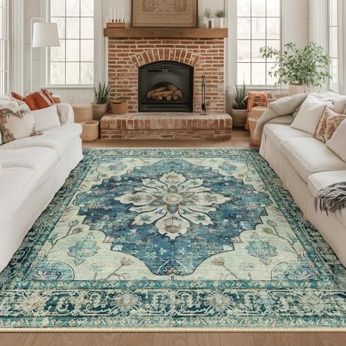 RELEANY Washable Area Rug, Square 8'x8', Blue/Vintage Dark Blue by RELEANY