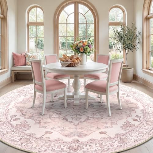 RELEANY Washable Area Rug, Round 8ft, Pink - Image 3