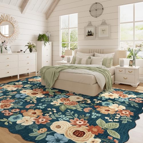 DUKINO 8x10 Area Rug for Living Room, Floral Washable Rug, Prussian Blue - Image 3
