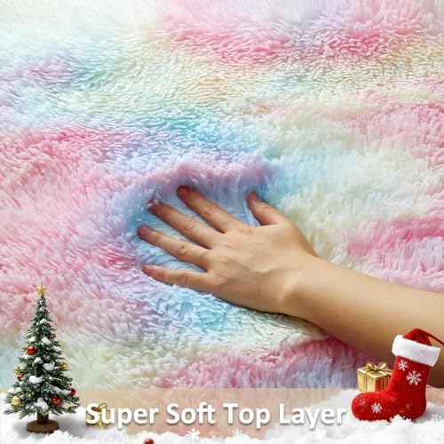 Ophanie Round Rugs 4Ft Rainbow Circle Area Rug, Colorful Unicorn Bedroom Dorm Decor for Teen Girls, Cute Fluffy Fuzzy Plush Soft Shaggy Living Room Carpet for Kids Baby Home Aesthetic Nursery Playroom - Image 2