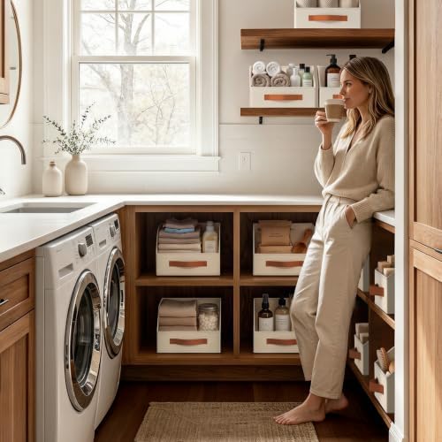 Homsorout Fabric Storage Bins for Organizing - 10 Pack Large Trapezoid Collapsible Storage Bins with Front Handle, Closet Organizers and Storage for Bedroom, Home Shelves, Small Spaces, Beige - Image 5