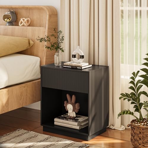 Fluted Nightstands Set of 2, Modern Bedside Table with Drawer and Storage Shelf, Wood End Table Mid Century Night Stands for Bedroom Living Room Sofa Couch Office (Black) - Image 3