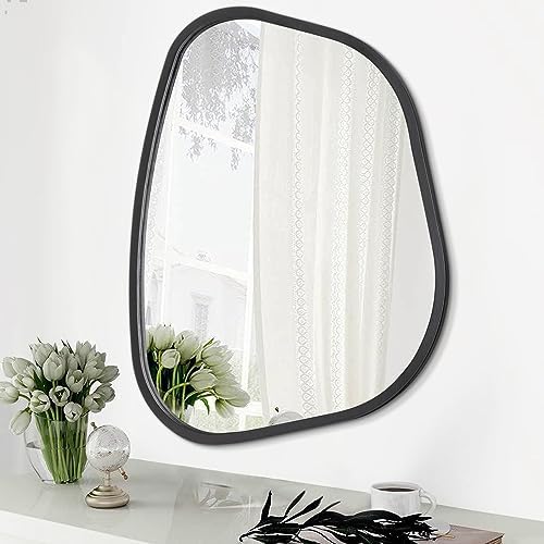 Asymmetrical Mirror for Wall Irregular Oval Wood Frame Modern Unique Accent Wall Mirror Decorative Vanity Bathroom Living Room Bedroom Entryway Hallway Artistic Wavy Mirror Small 14"x10" by HLFMVWE