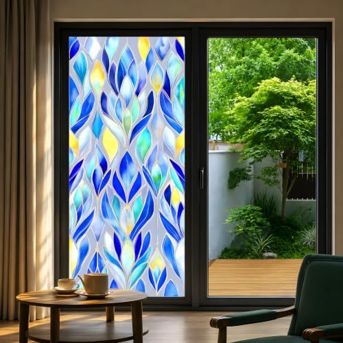 Blue Stained Glass Window Film, Decorative Static Cling Window Privacy Cling, 17.5 x 39.4 Inch Removable No Glue Geometric Leaf Window Film for Bathroom Bedroom - Image 4