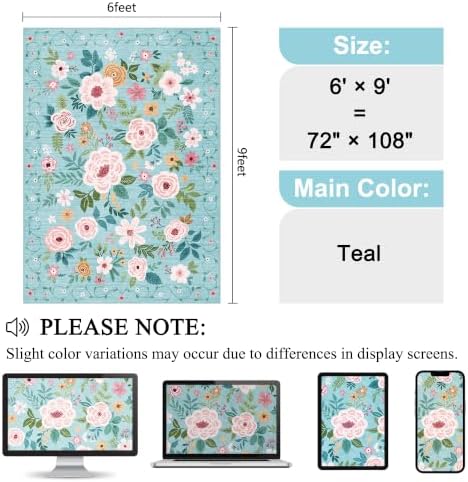 DUKINO 6x9 Area Rugs, Floral Washable Rug for Bedroom Non Slip, Teal - Image 2