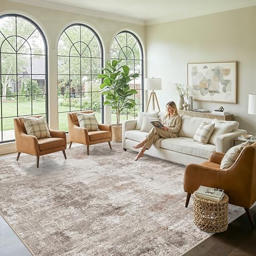 12x12ft Square Living Room Rug – Non-Slip Washable Extra Large Floor Carpet for Bedroom, Dining Room, Playroom Room – Modern Abstract Neutral Thin Low-Pile Big Indoor Rug (Beige Grey) - Image 4