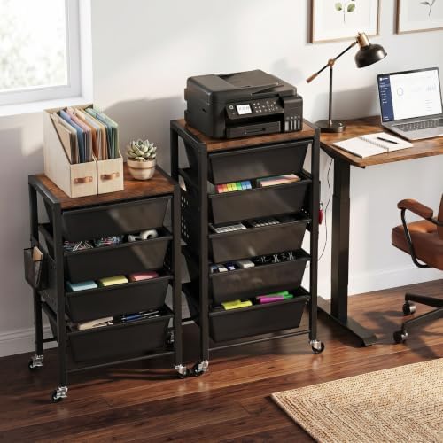Rolling Cart with 5 Drawers, Plastic Drawer Storage Carts with Wheels & Wooden Tabletop, Metal Utility Cart with Pegboards, Office Living Room Classroom Craft Organization and Storage, Dark Black - Image 2