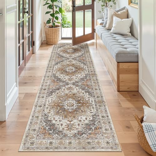 Madane Kitchen Runner Rug 2x7 with Rubber Backing Non Slip, Turmeric/Grey - Image 2