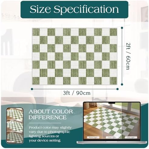 Front Door Mat Outside Entrance 2x3 Green White Checkered Rug - Image 2