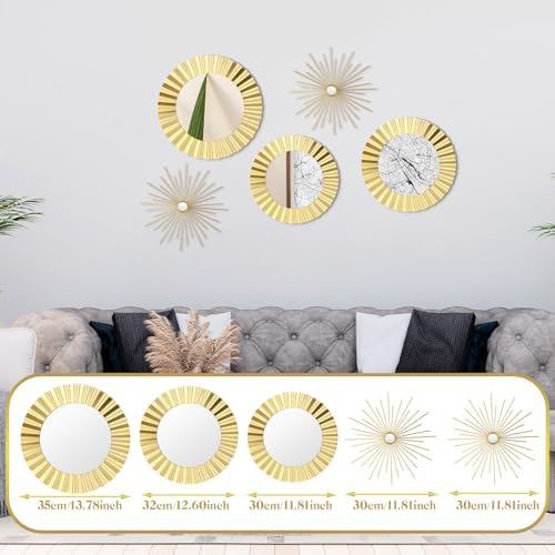 MorningRo 5 Pack Gold Metal Mirrors for Wall Gold Starburst Sunburst Wall Decor Set Metal Round Mirrors Decor Hanging Art Circle for Living Room Bathroom Bedroom Modern Decorative Gifts - Image 3