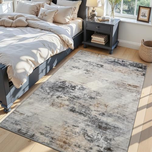 Toneed 4x6 Washable Non Slip Area Rugs for Bedroom Living Room, Grey/Brown by Toneed
