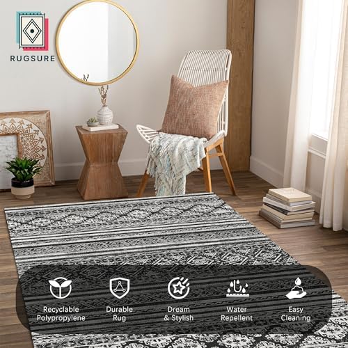 RUGSURE Washable Area Rugs 6' x 9' - 1/6 Thick - Moroccan-Inspired -Stain & Water Resistant Non-Slip - Resistant Rug for Living Room, Bedroom, Nursery, Pet & Child Friendly (Black) - Image 4