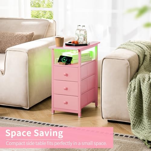 Yoobure End Table with Charging Station, Pink Narrow Nightstand LED Bedside Table, Small Night Stand End Tables Living Room, Skinny Nightstand with 3 Fabric Drawers, Side Table for Small Spaces - Image 3