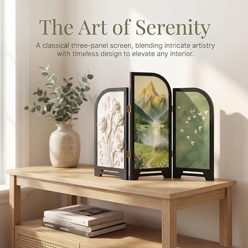 3-Panel Arched Tabletop Folding Screen, Nature Landscape Decoration - Image 3