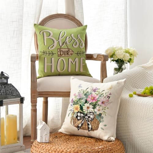 AVOIN colorlife Bless Our Home Eucalyptus Leaves Throw Pillow Covers, 16 x 16 Inch Spring Summer Truck Cushion Case for Home Sofa Couch Set of 4 - Image 4