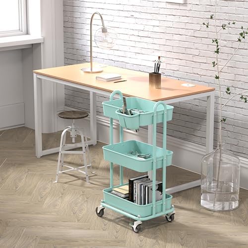 Simple Houseware 3-Tier Rolling Utility Cart with Hanging Bucket, Turquoise - Image 4