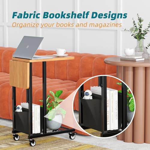 Simple Trending C Shaped End Table, Folding TV Tray Couch Side Table for Sofa on Wheels, Black - Image 4