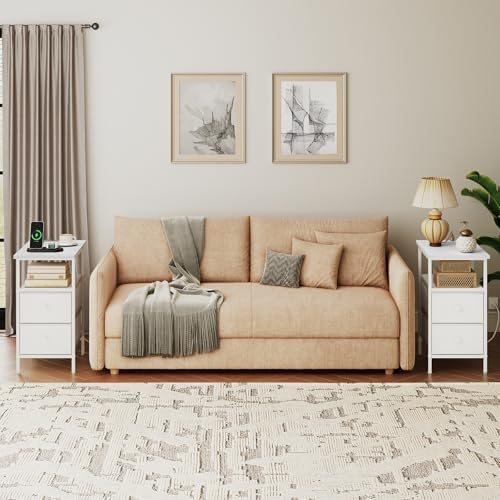 HOOBRO End Table with Charging Station, Narrow Side Table, Nightstand with 2 Non-Woven Drawers, Slim Sofa Side Table, for Small Spaces, Living Room, Bedroom, White WT486UBZ01 - Image 5