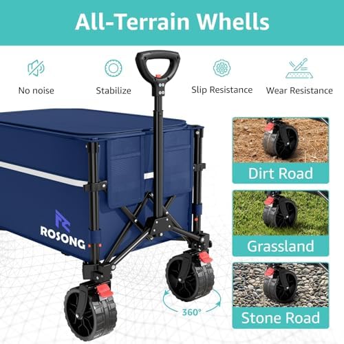 ROSONG Collapsible Wagon Cart with Wheels Foldable - Folding Utility Heavy Duty Wagons Carts for Grocery Sports Garden Shopping Camping Wheelbarrows (120L Dark Blue with Lid) - Image 3