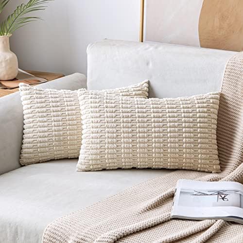 MIULEE Lumbar Corduroy Decorative Throw Pillow Covers 22x14 Cream White by MIULEE