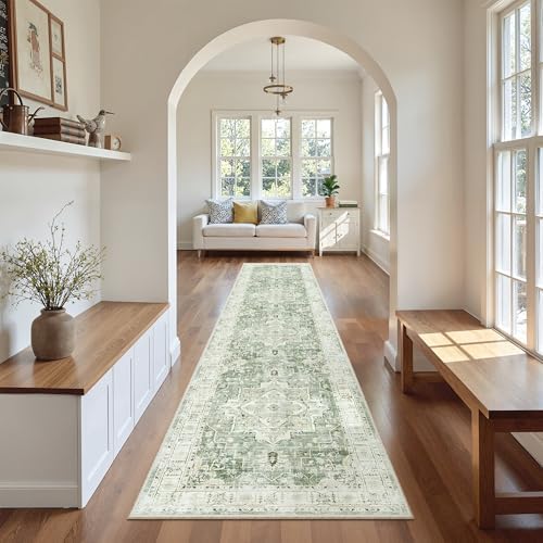 Madane Washable Runner Rugs 2x10 Long for Hallway Kitchen, Green/Ivory - Image 3