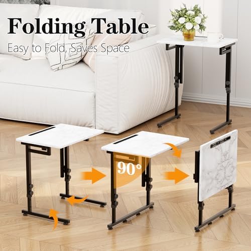 Adjustable Height Tv Tray Table,Portable Folding Tv Dinner Snack Table,Small Foldable C-Shaped End Table for Eating,Slide Under Couch Side with Sturdy MDF Top,No Assembly(White Marble+Black) - Image 4